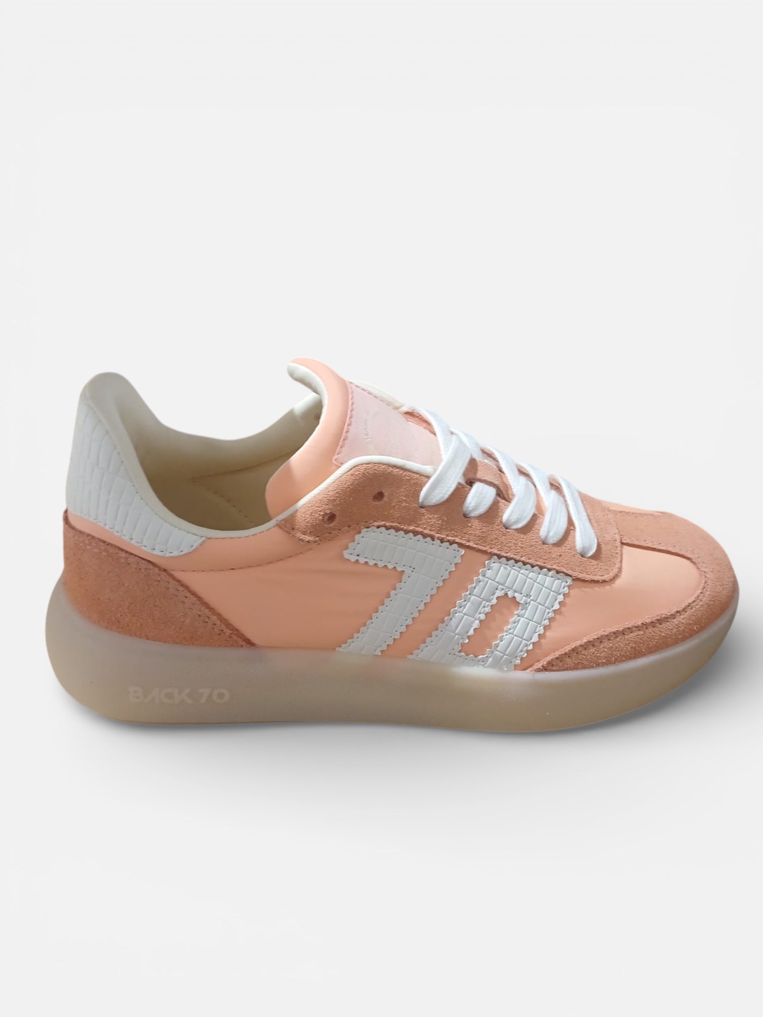 Back 70 Brooklyn N26 peach retro trainers leather suede gum rubber side view
