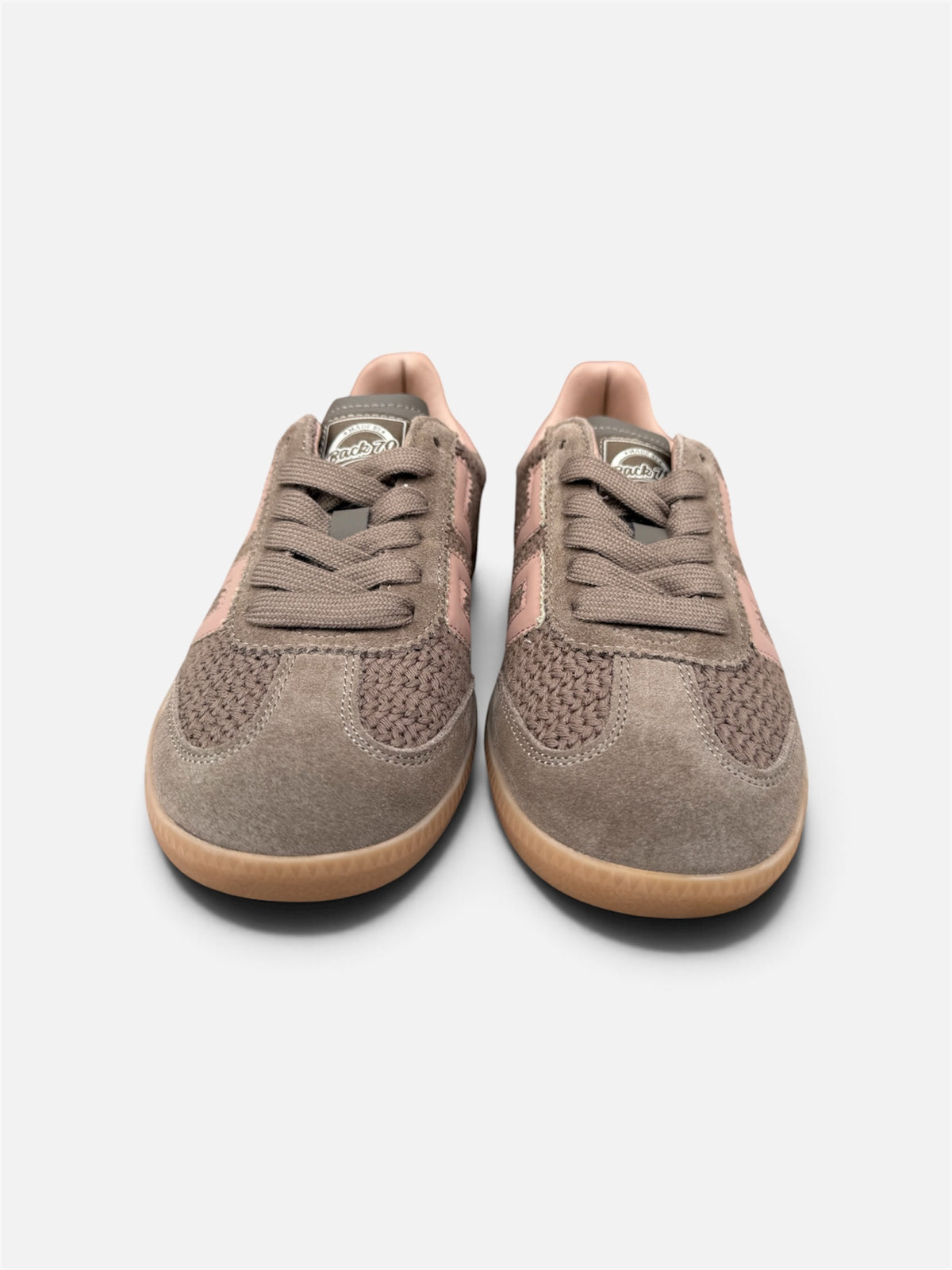 Back 70 Cloud taupe and pink trainers – front lace-up view