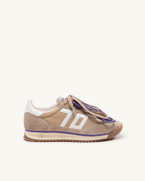 Back 70 beige and purple retro leather trainers side view