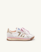 Back 70 white and pink retro leather lace up trainers side view