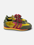 Back 70 Rocket lime green and red suede retro trainers – side pair view