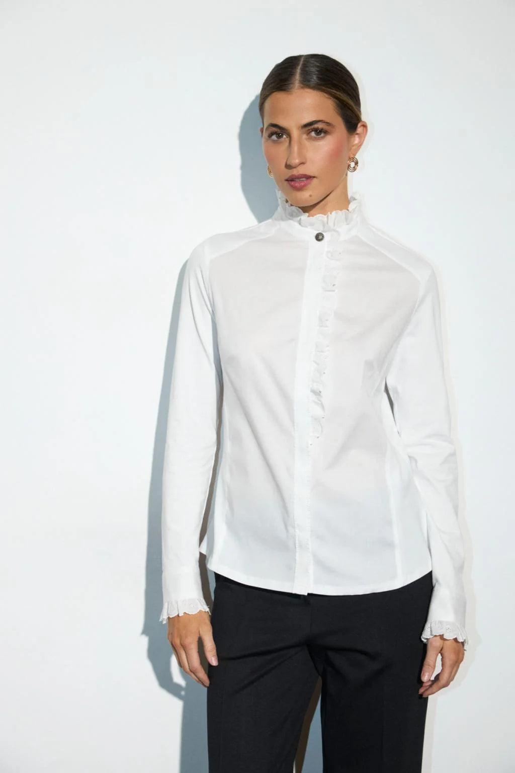 Bariloche Abria white frill shirt – full front model view