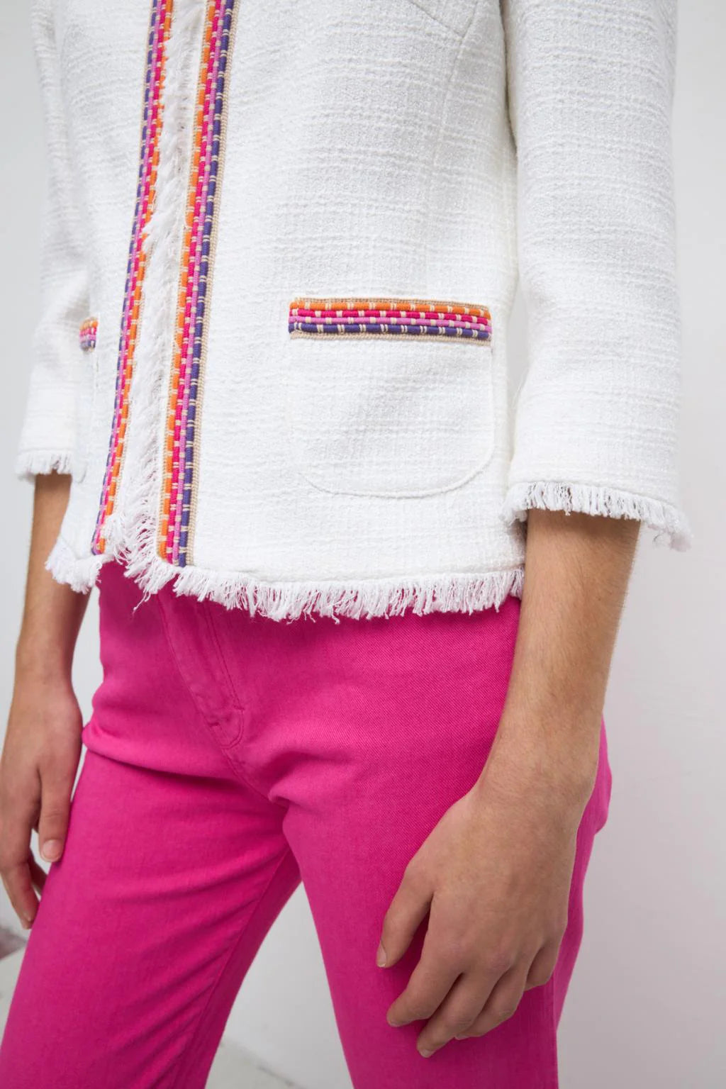 Bariloche Acebo short tweed jacket ivory with ribbon trimmed front pocket detail