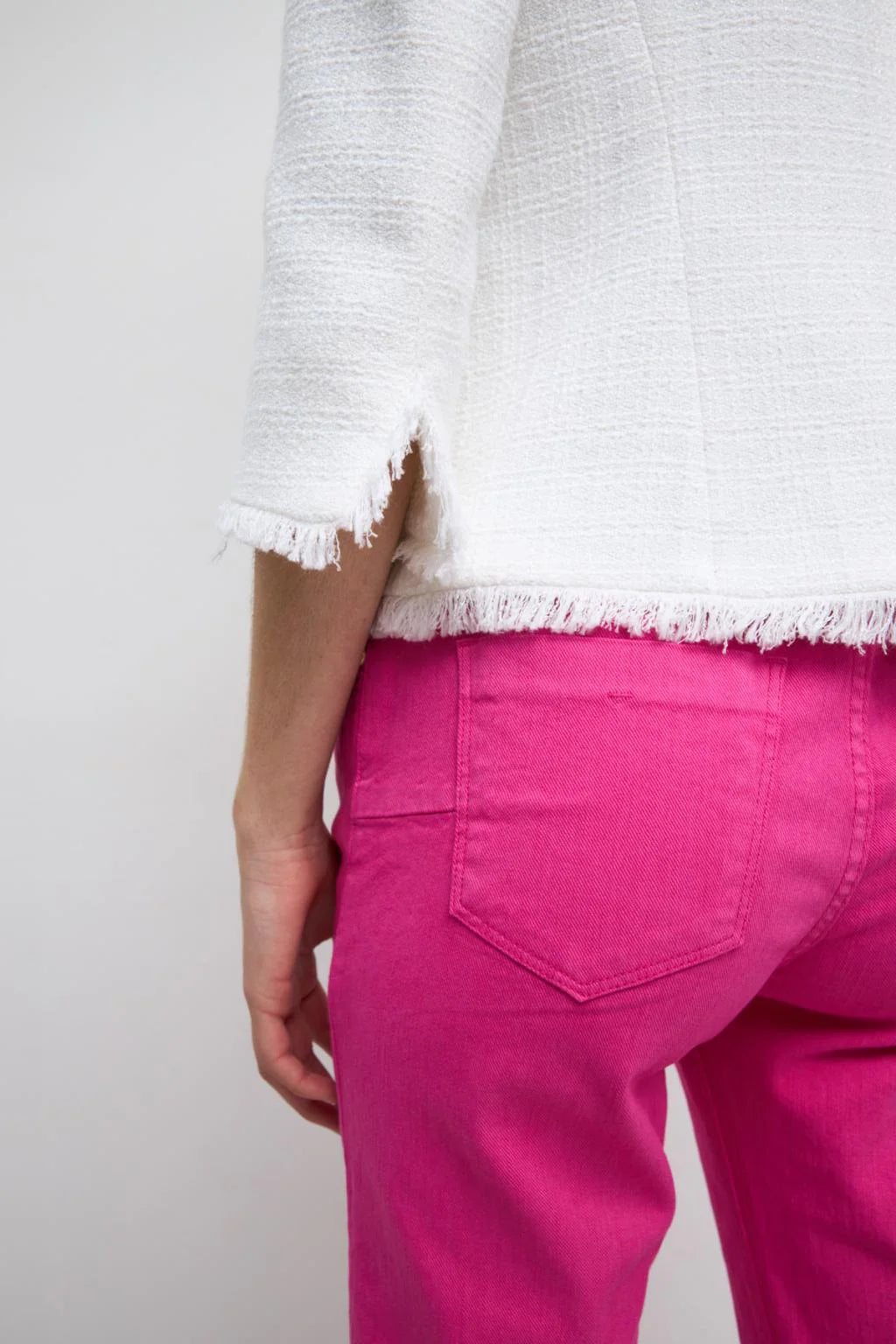 Bariloche Acebo ivory tweed jacket straight cut with fringe hem and three quarter sleeves