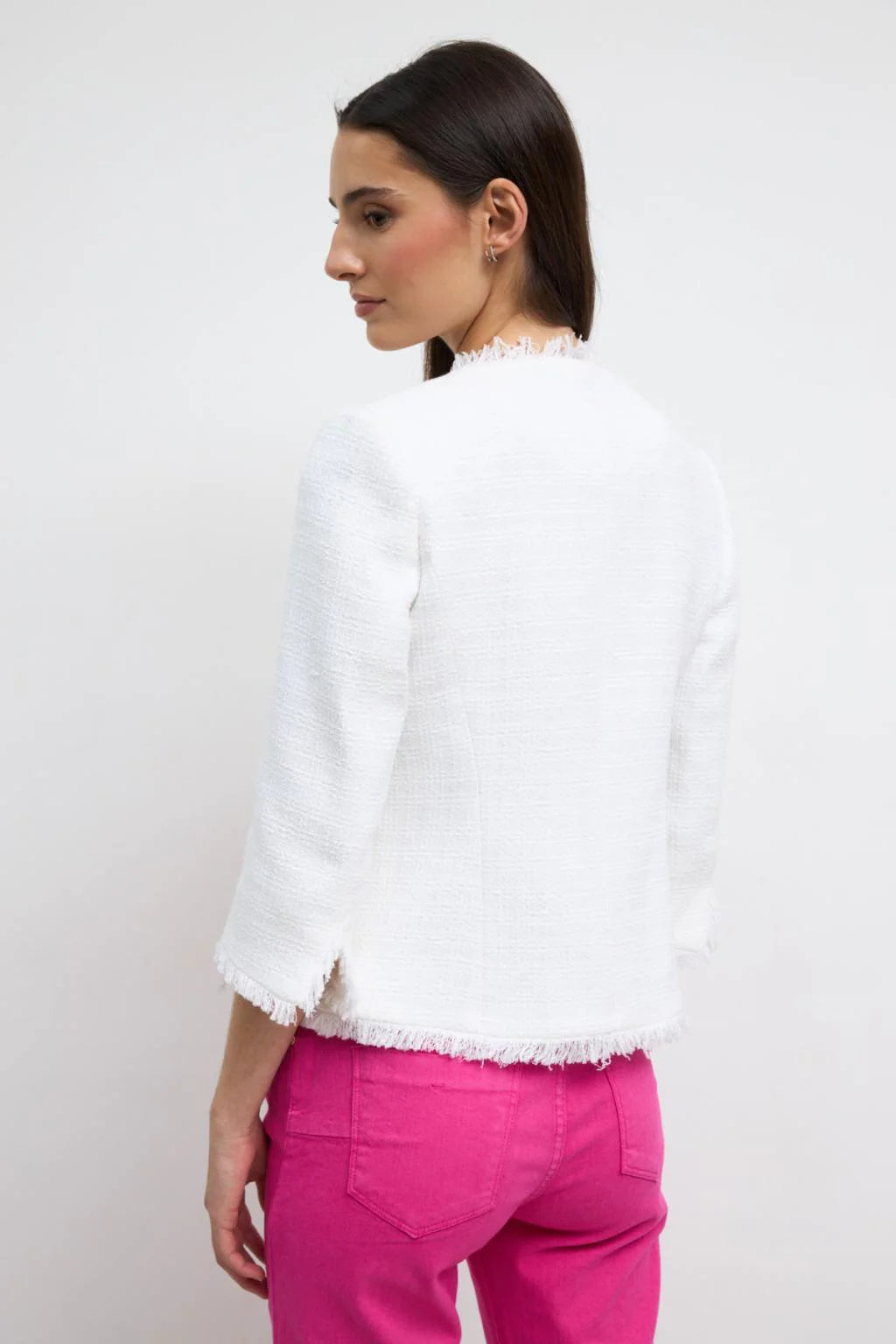 Bariloche Acebo cropped ivory tweed jacket with textured weave and clean back finish