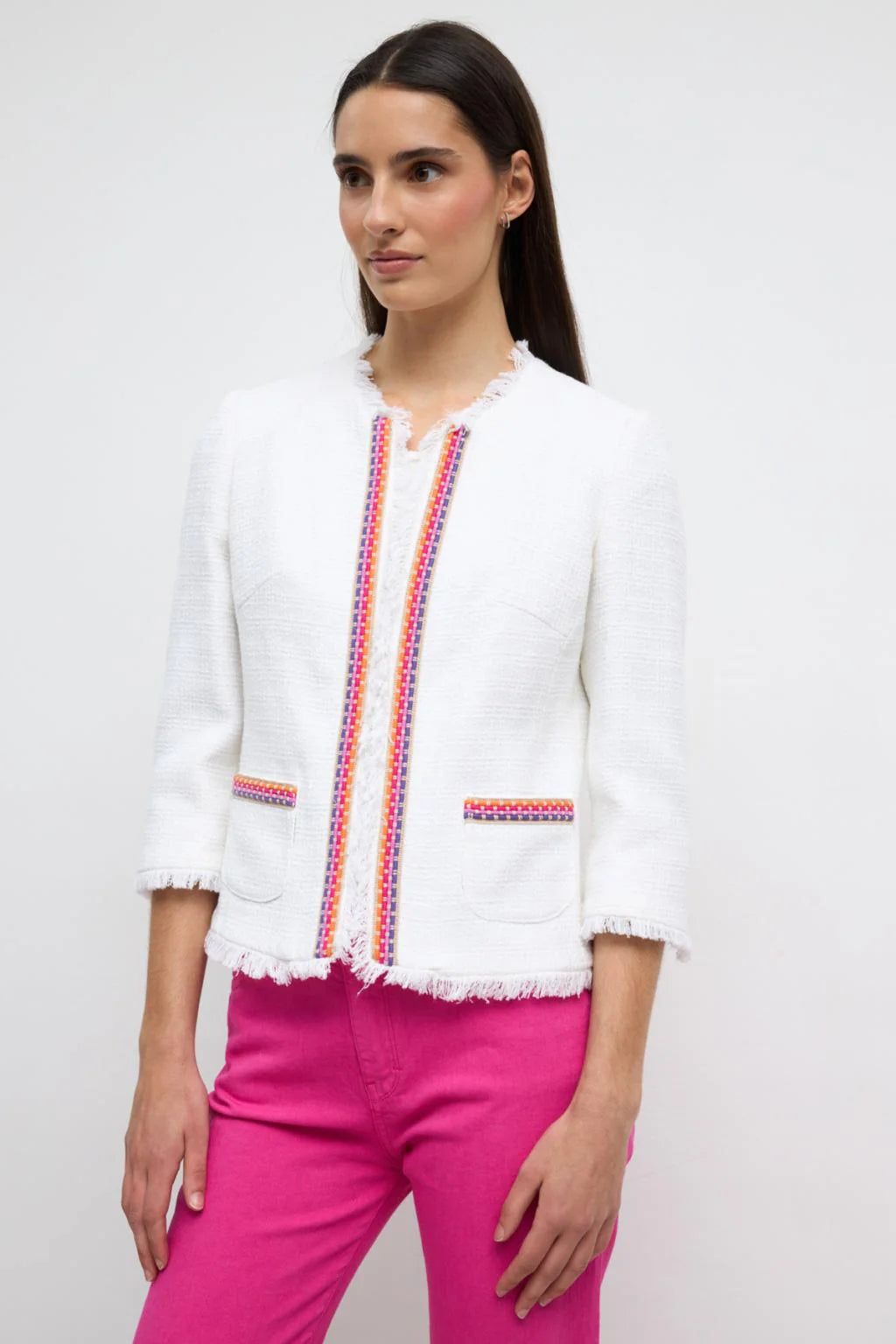 Bariloche Acebo ivory tweed jacket with multicolour ribbon trim and fringe hem detail