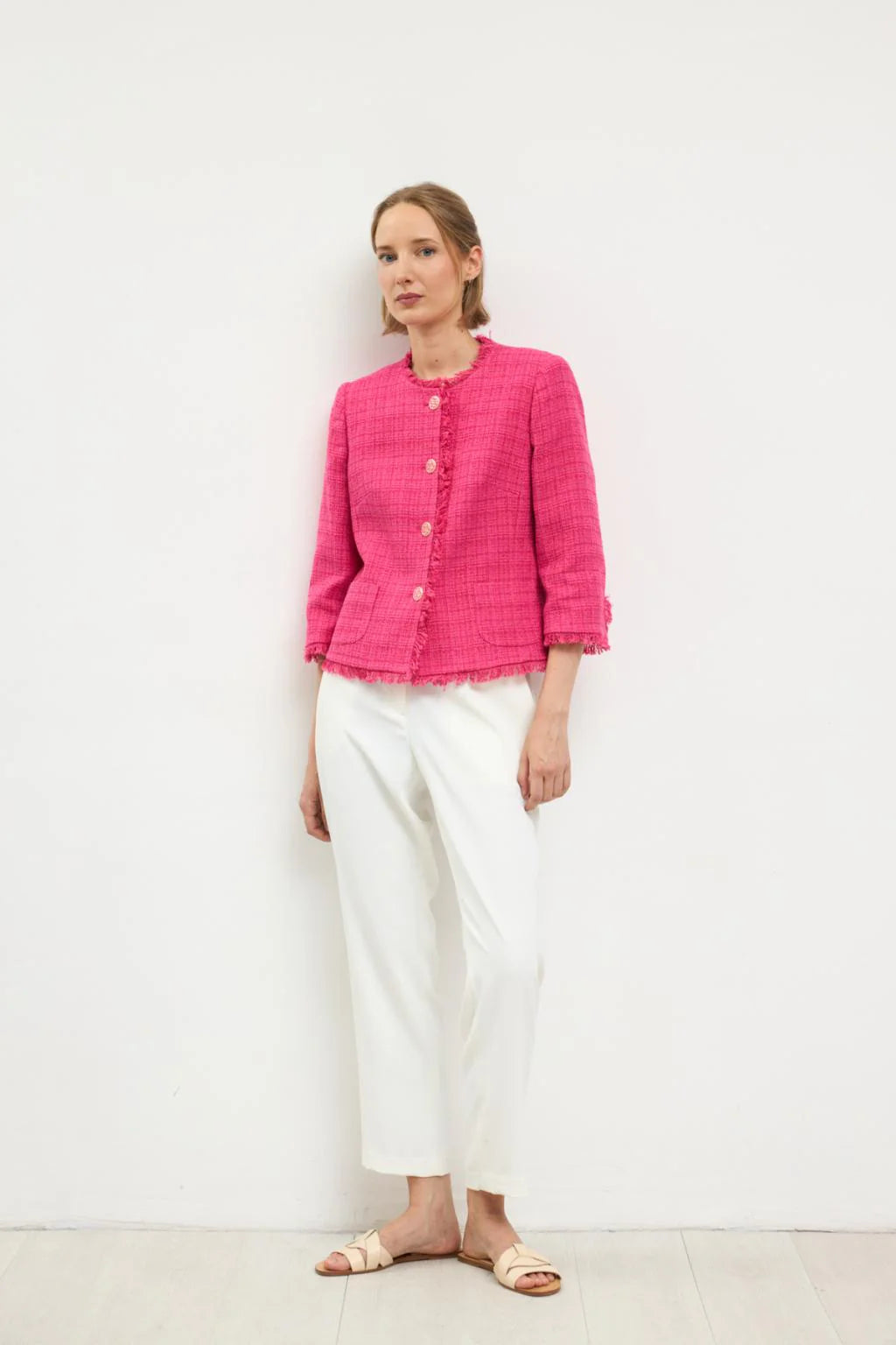 Bariloche Ainsa pink bouclé jacket fringe hem detail