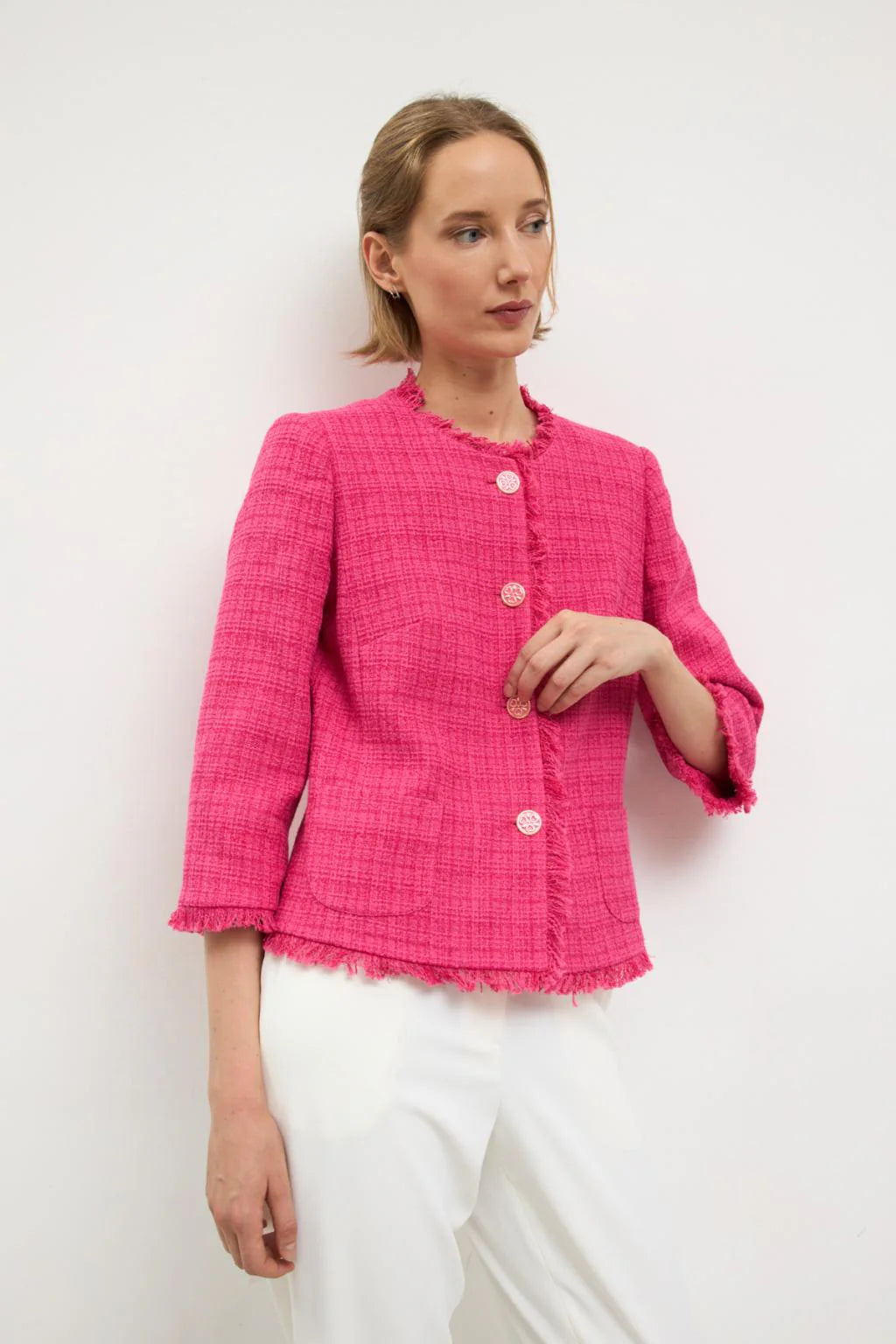 Bariloche Ainsa pink bouclé tweed jacket front view
