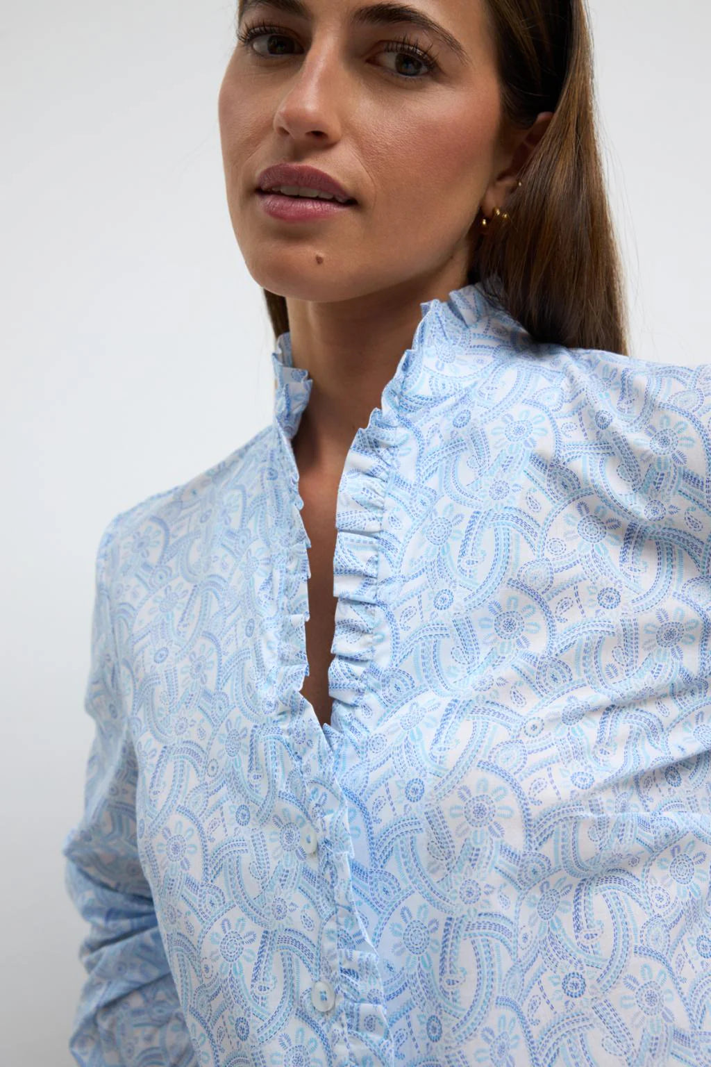Bariloche Algaba blue paisley long sleeve women’s shirt side view
