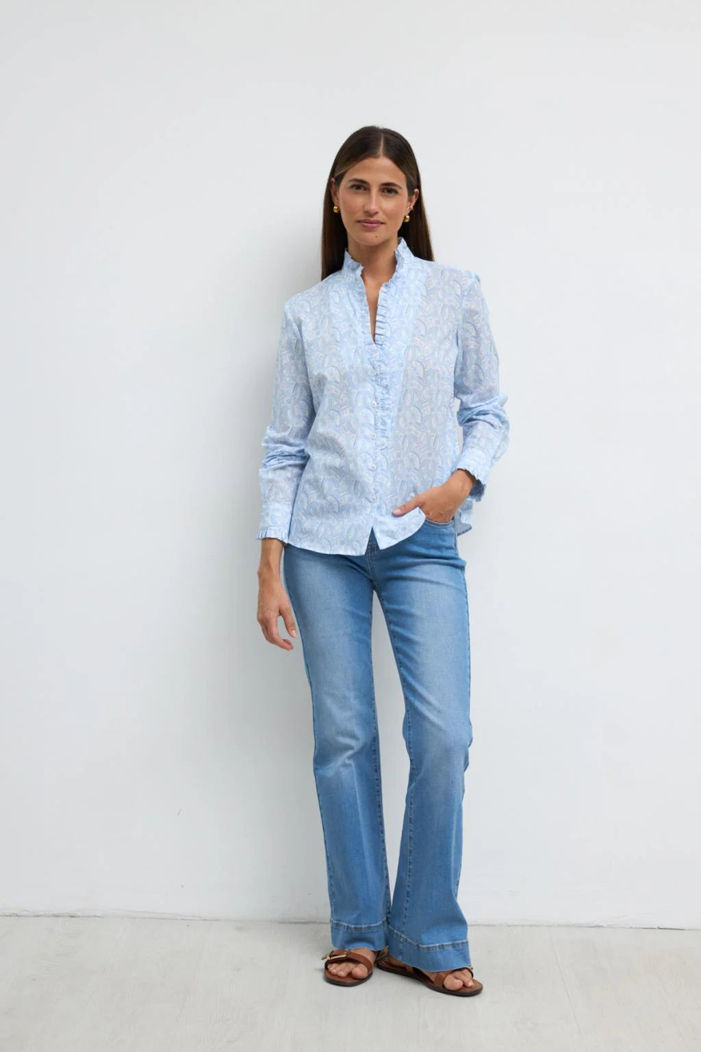 Bariloche Algaba blue paisley ruffle collar women’s shirt front view