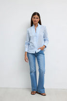 Bariloche Algaba blue paisley ruffle collar women’s shirt front view