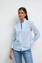 Bariloche Algaba blue ethnic print blouse collar detail