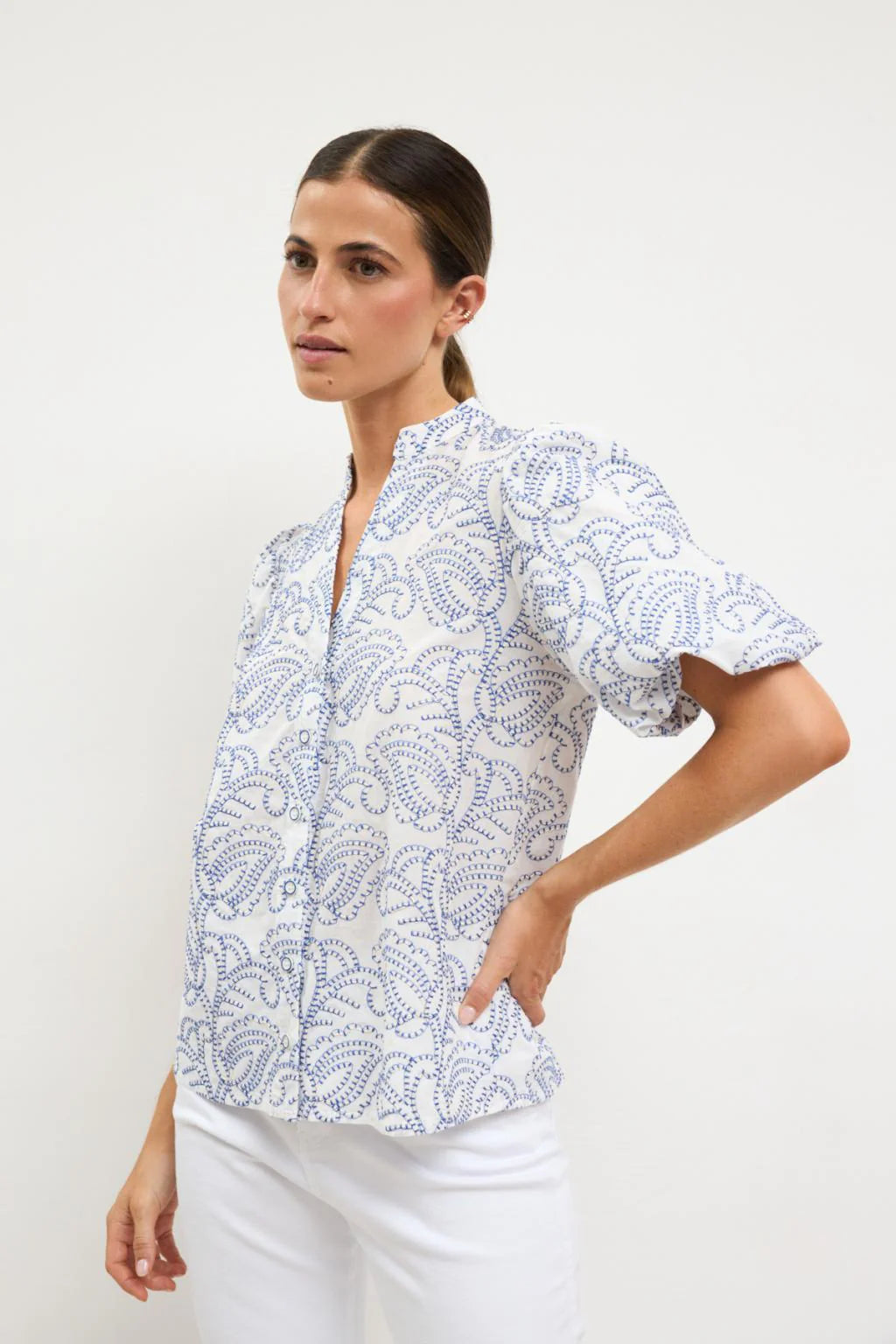 Bariloche Arabis blouse full outfit white embroidered top over jeans 