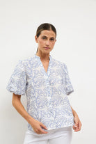 Bariloche Arabis white embroidered blouse blue paisley front