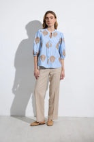 Bariloche Bielsa blue embroidered blouse puff sleeve detail