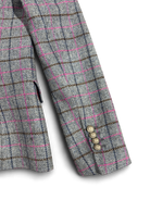 Sleeve detail of Bariloche pink and grey check blazer with statement buttons