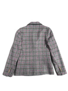 Back of Bariloche Caparra tailored blazer with pink check and dart shaping