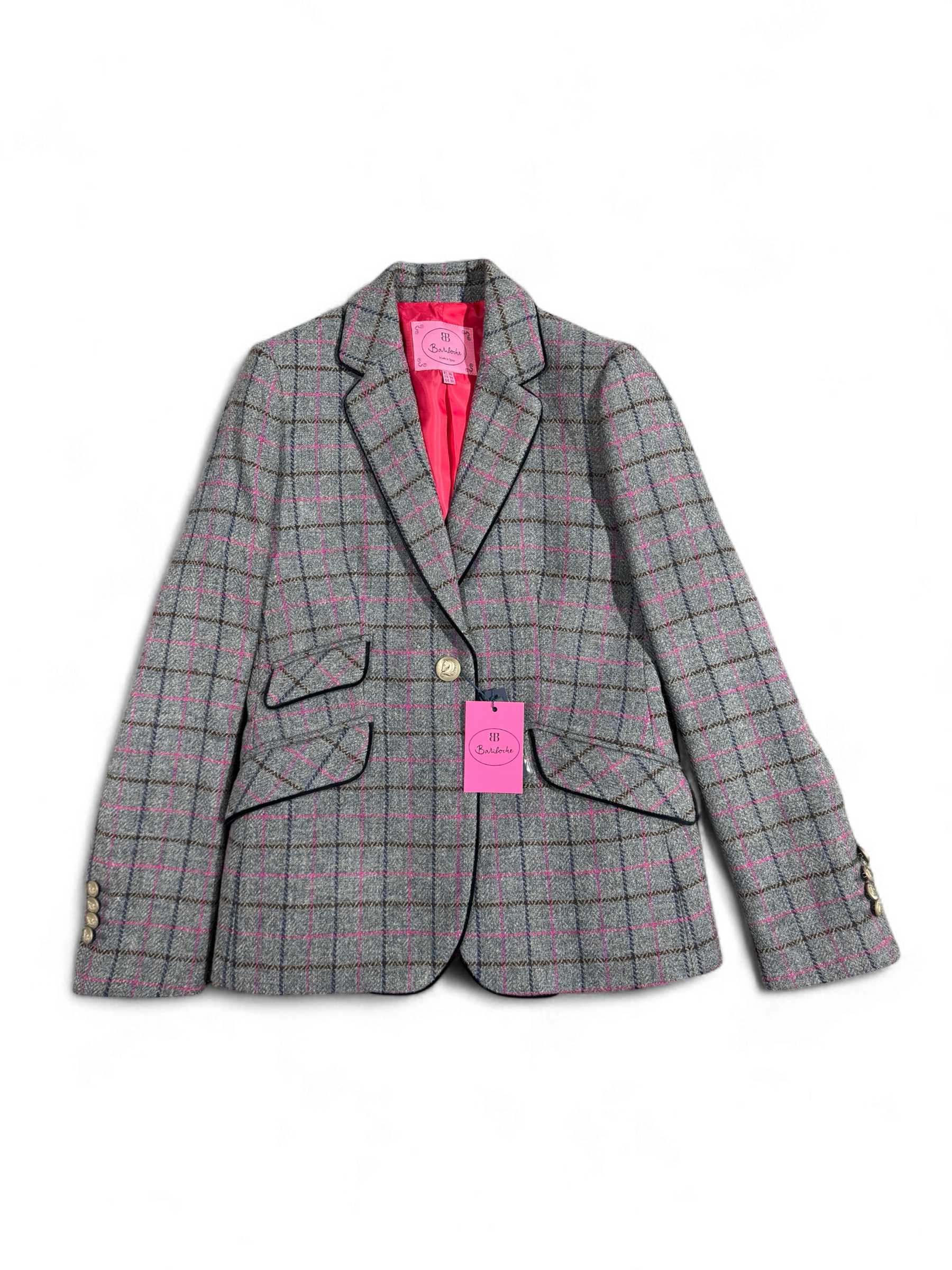 Front view of Bariloche Caparra grey blazer with pink check and gold buttons