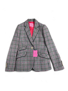 Front view of Bariloche Caparra grey blazer with pink check and gold buttons