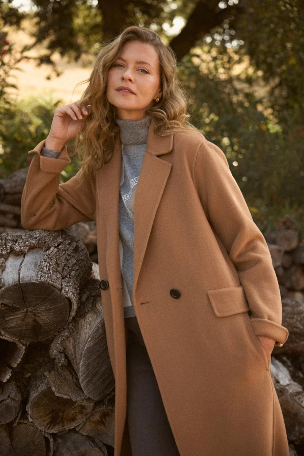 Bariloche Caraca long wool-blend coat in camel — outdoor lifestyle