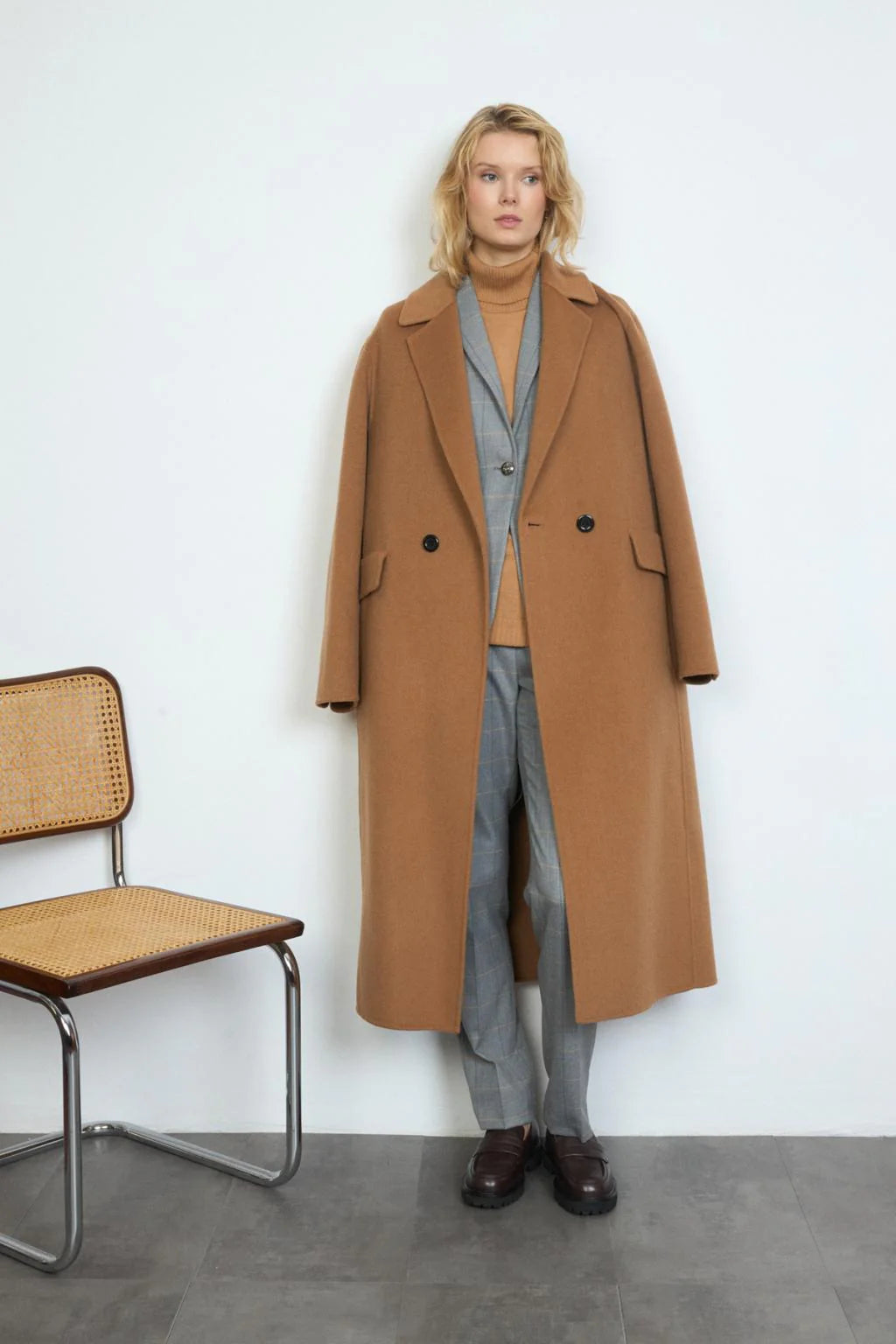 Bariloche Caraca long wool-blend coat in camel — front full-length on model