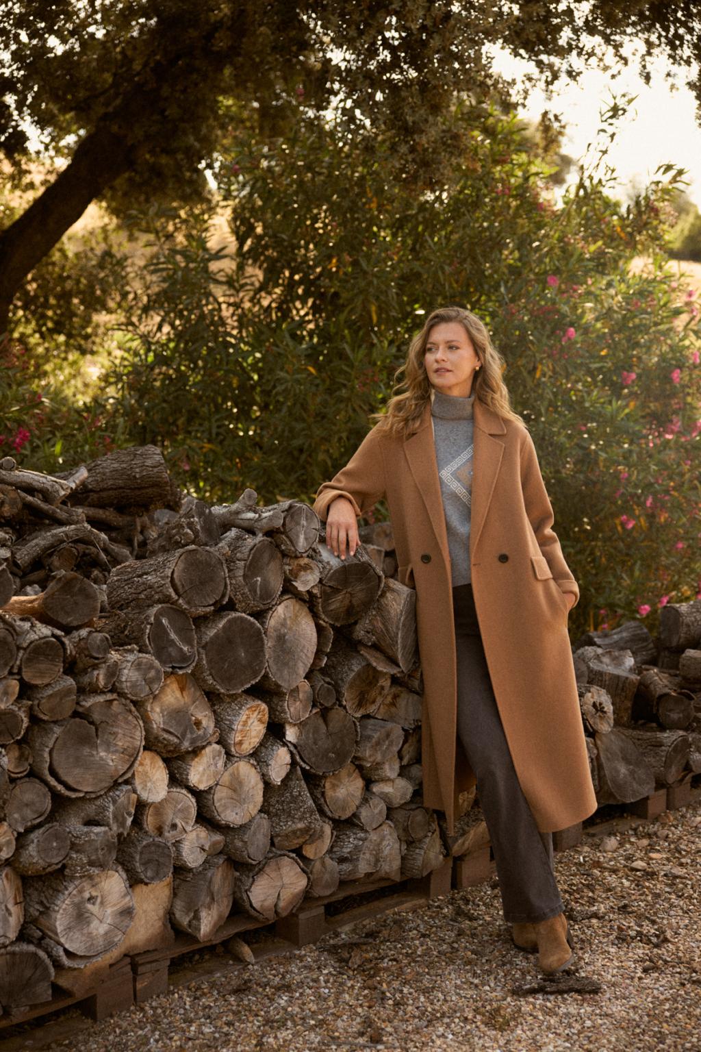 Bariloche Caraca long wool-blend coat in camel — outdoor front view