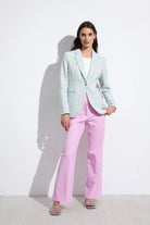 Bariloche Caracola aqua and pink tweed style tailored blazer full length front view