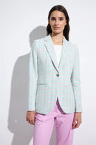 Bariloche Caracola aqua fitted tweed blazer front view with check pattern