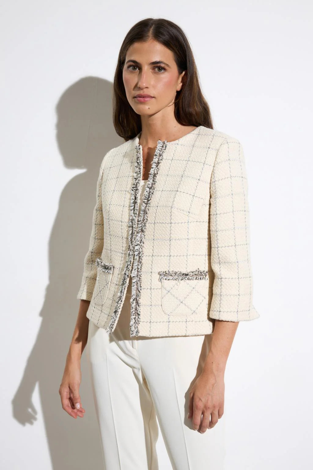 Bariloche Carrascal tweed fringed jacket cream check front view