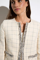Bariloche Carrascal tweed jacket fringe trim neckline detail