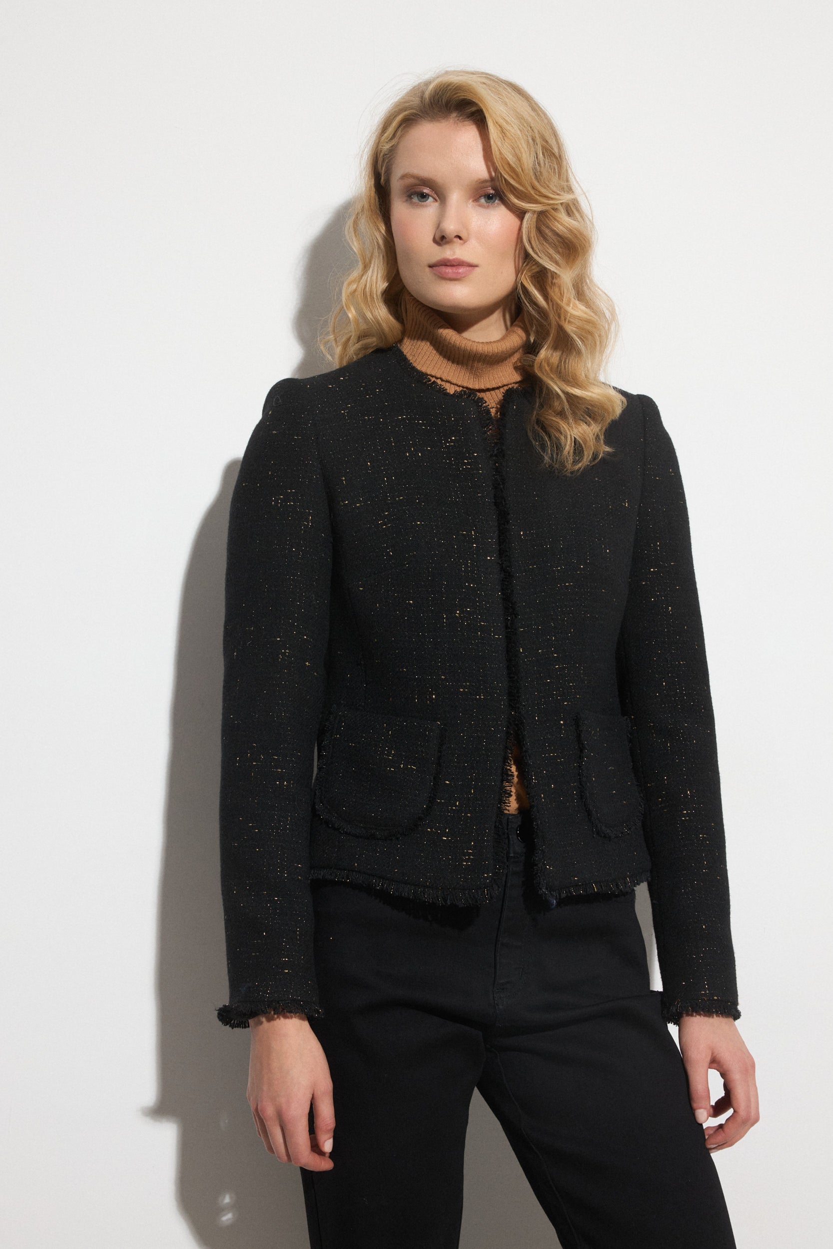 Bariloche castle black boucle tweed jacket for women with gold detailing