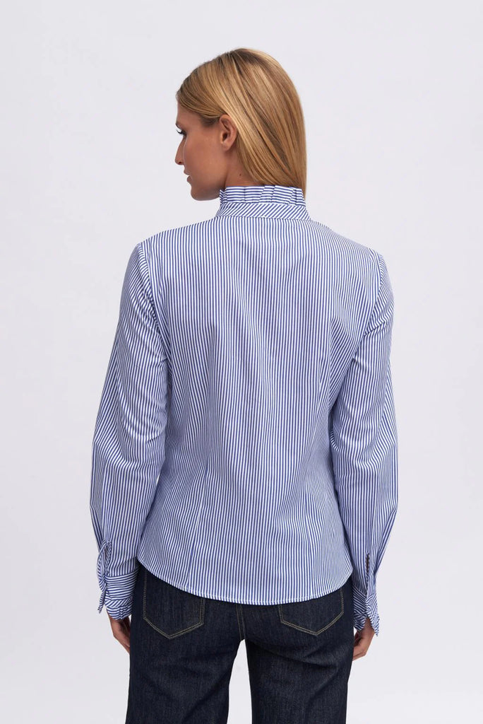 Bariloche Ceinos Blue Stripe Ruffle Collar Shirt From Back