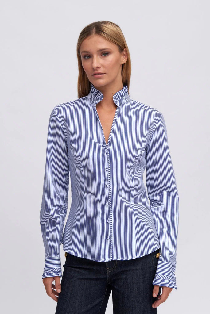 Bariloche Ceinos Blue/white Stripe Ruffle Collar Shirt