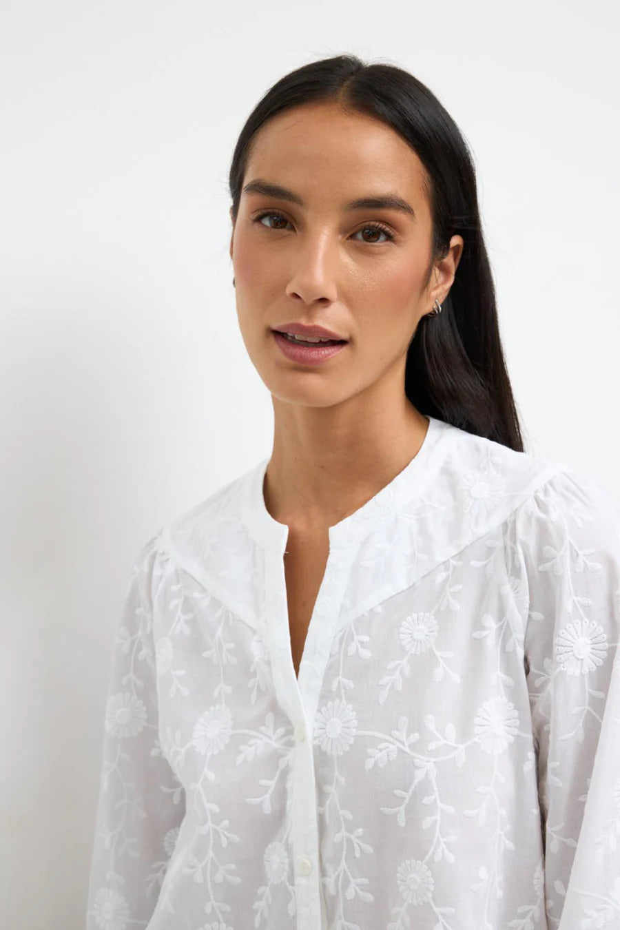 Bariloche Clavel white embroidered blouse front upper detail women’s top