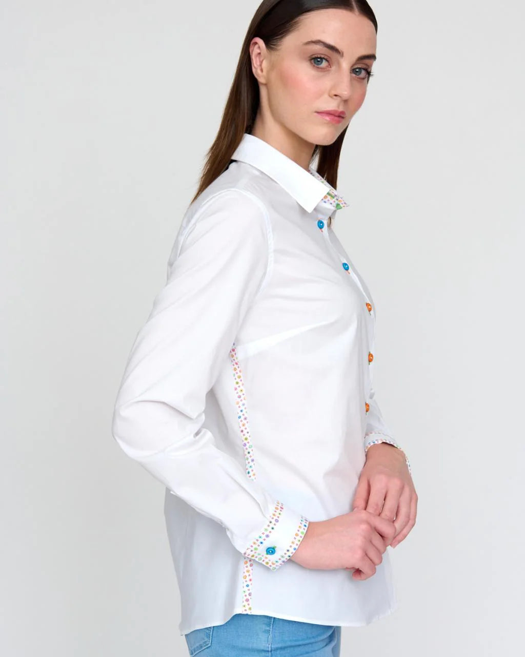Bariloche Condado White Stretch Cotton Shirt With Multi-colour Cuff Details