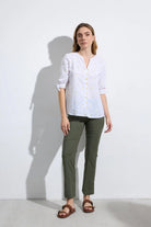 Bariloche Flores embroidered daisy shirt styled view