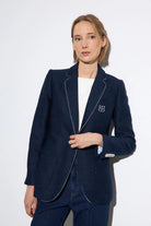 Bariloche Hidra navy monogram slim fit blazer front view