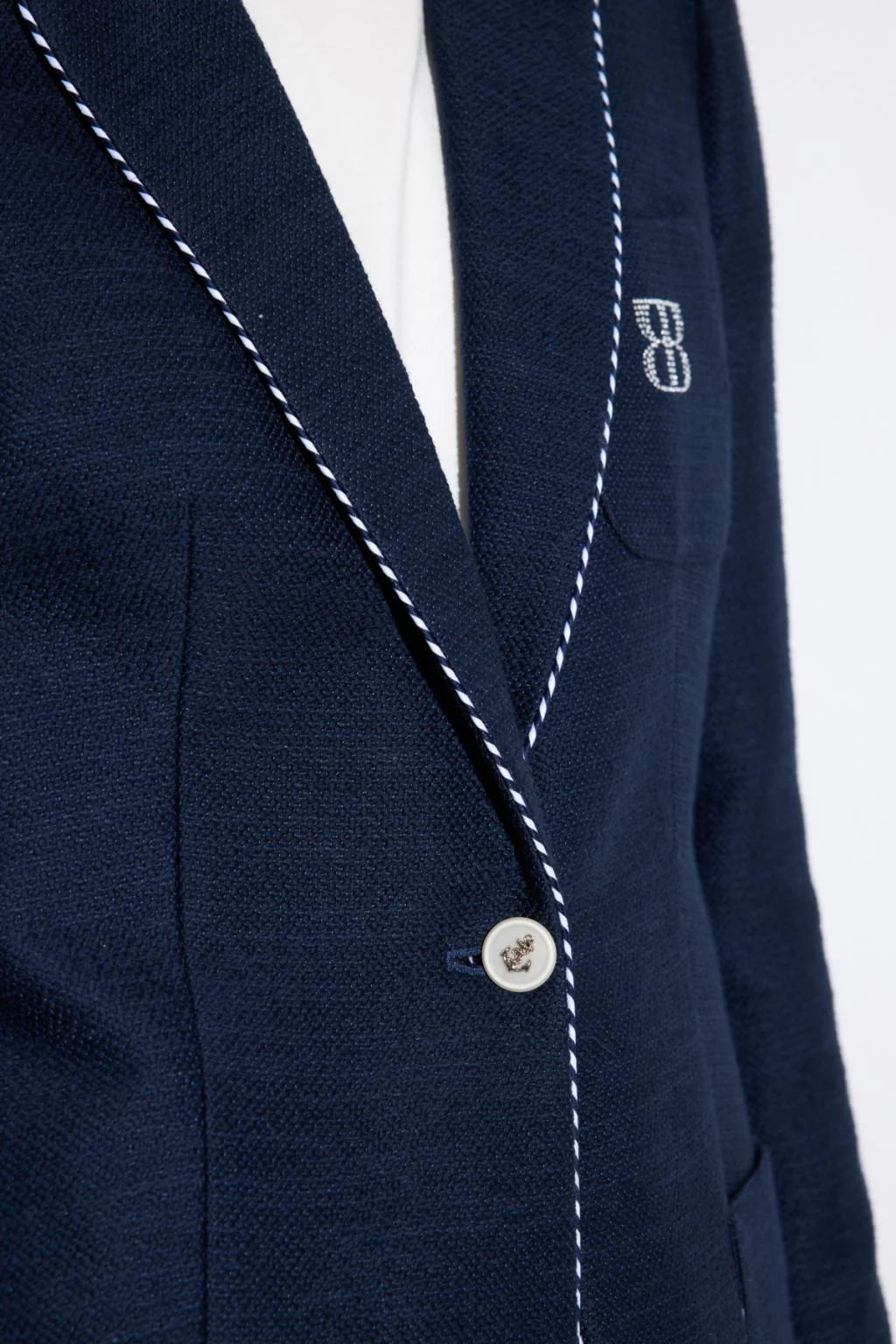 Bariloche Hidra navy blazer jewelled button closure