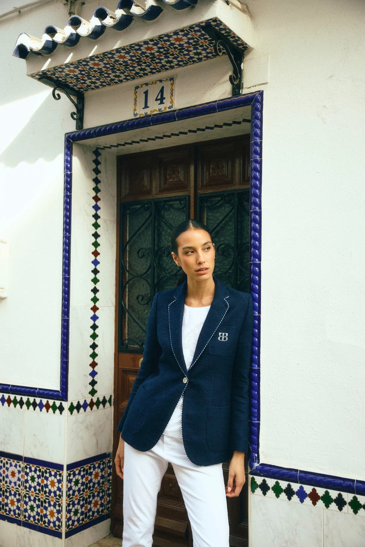 Bariloche Hidra navy monogram blazer outdoor styling
