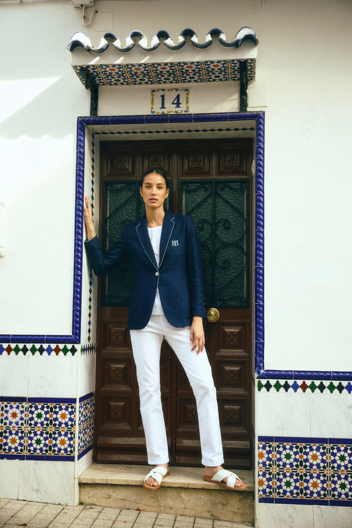 Bariloche Hidra blazer styled look with white trousers