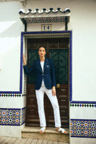 Bariloche Hidra blazer styled look with white trousers