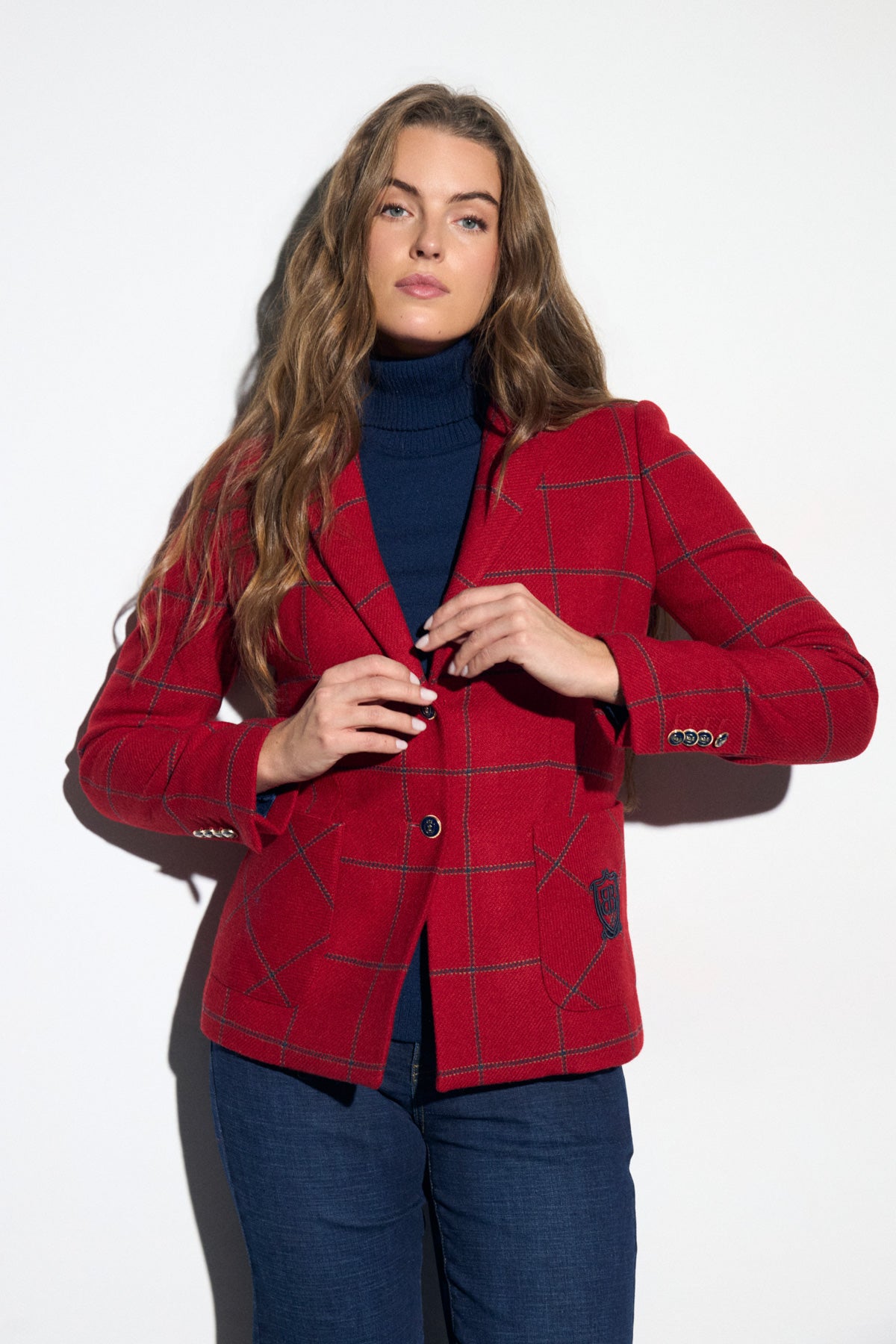 Bariloche Igualeja red and grey check tailored blazer front view on model