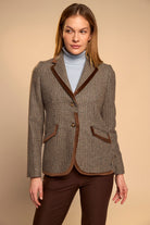Bariloche Lleida brown check tailored women’s blazer with contrast trim front view