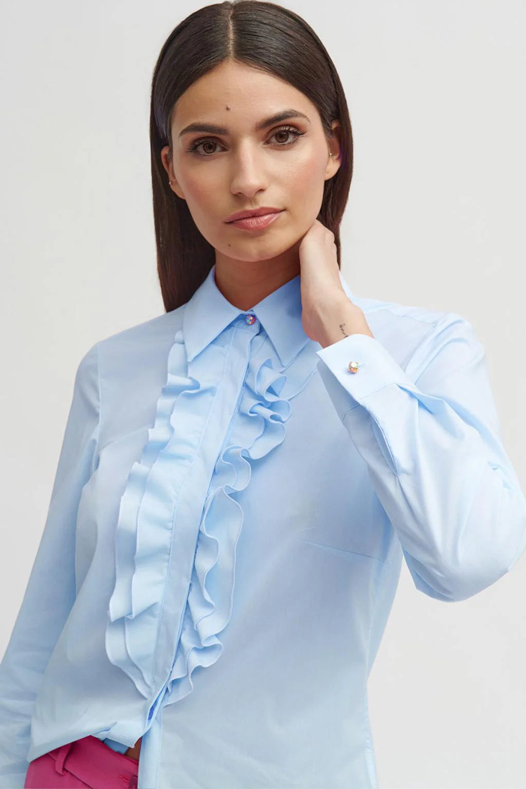 Bariloche Blue textured slim-fit shirt with button front and ruffle accents