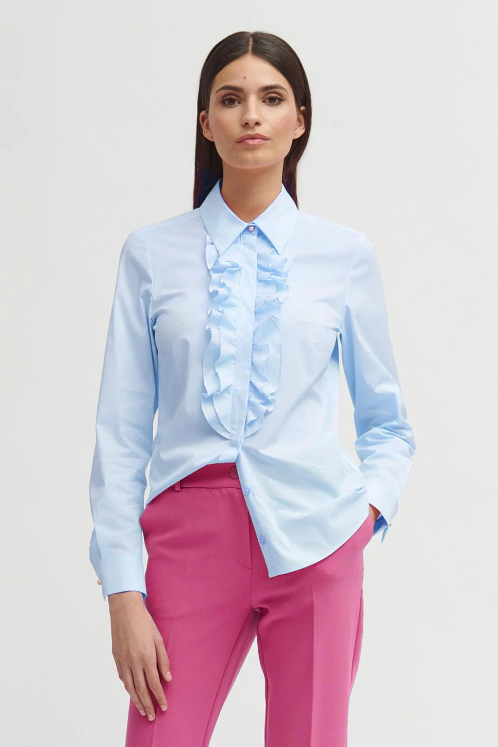 Bariloche Mantis Blue Ruffle Shirt with ruffle trim and cuff detail