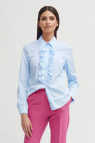 Bariloche Mantis Blue Ruffle Shirt with ruffle trim and cuff detail