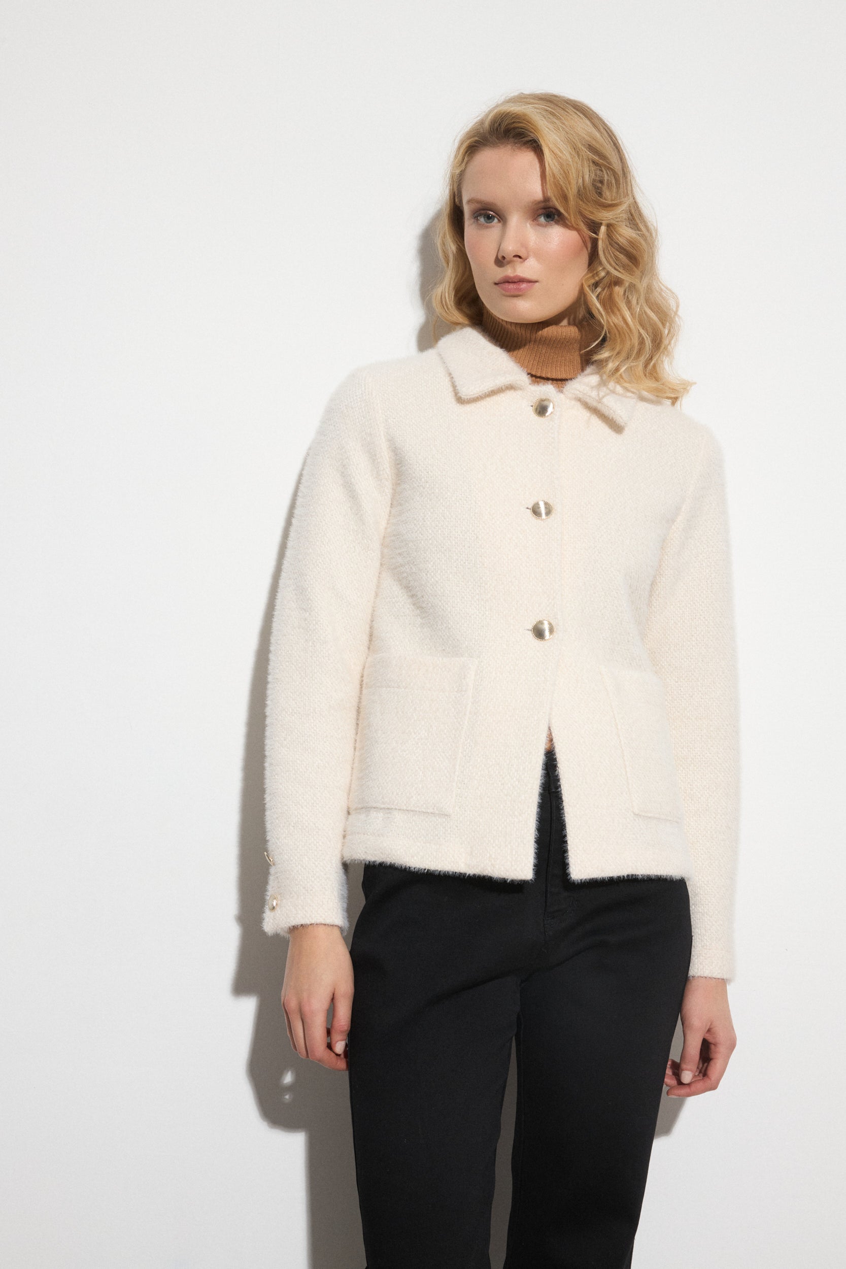 Bariloche textured knit jacket in cream with statement buttons