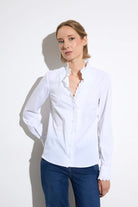 Bariloche Troya white lace detail shirt with ruffle mandarin collar front view