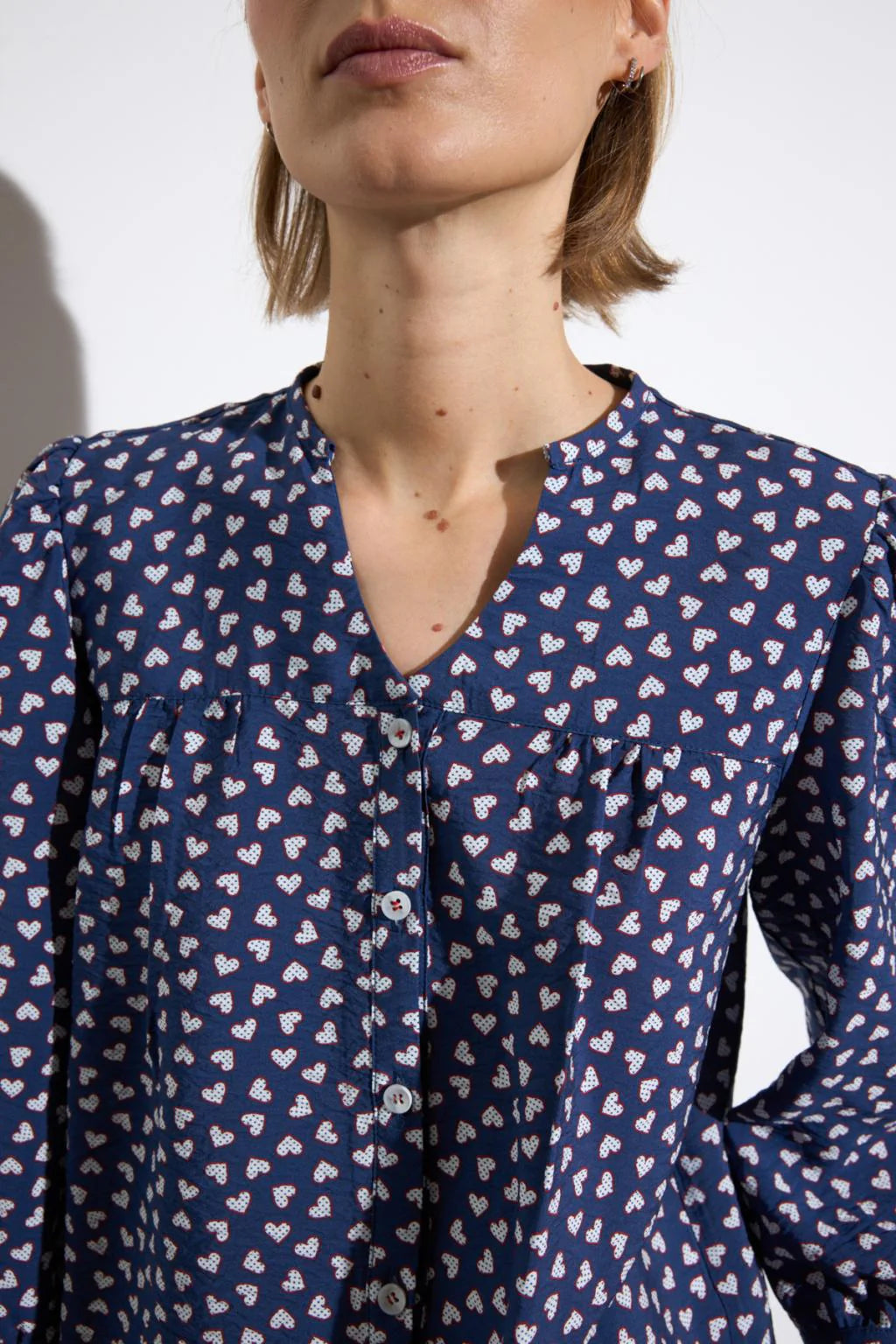 Bariloche Tulipero navy heart print ladies blouse front