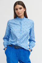 Bariloche Utrera Blue Cotton Poplin Paisley Print Frill Shirt